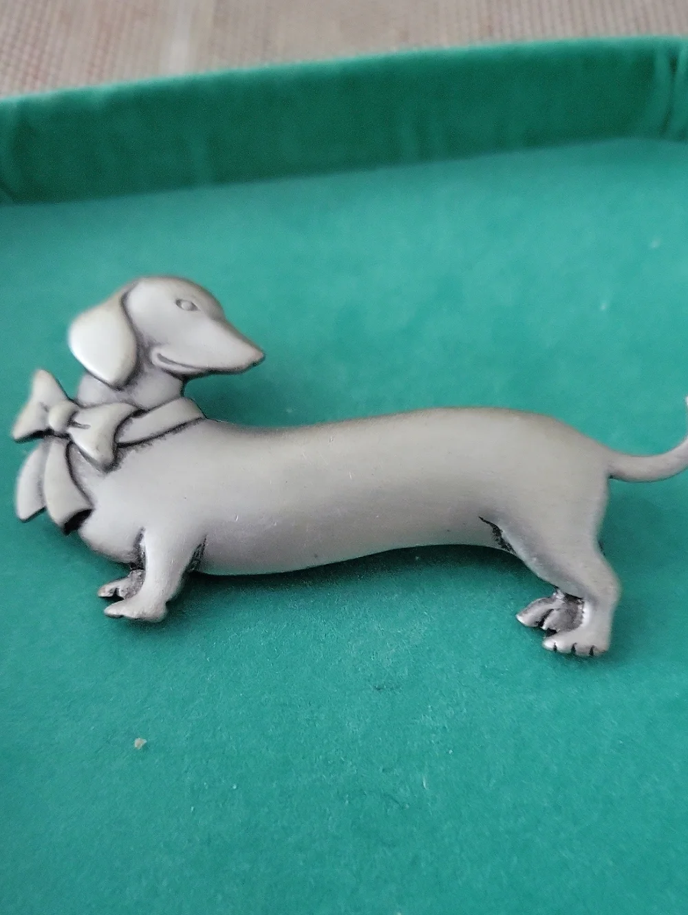 Silver Dachshund Dog Brooch Pin - Bow Accent